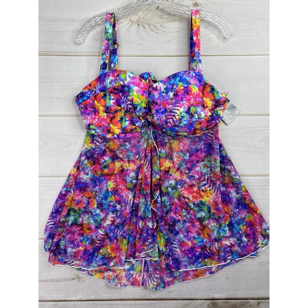 Smart & Sexy Swim Tank Tankini Top 38D Beach Swimwear Colorful Tie Dye Underwire